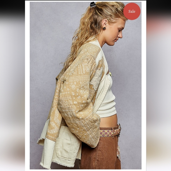 POL NWT Ponderosa Jacket Quilted  Tan and Cream  Embroidered Patchwork Jacket - Picture 4 of 9